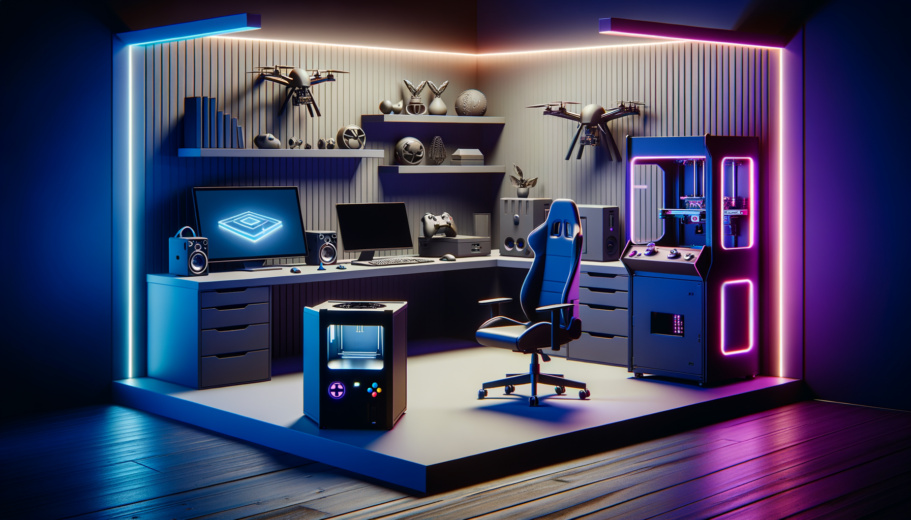 sleek game room with 3d printer, drone, arcade cabinet, gaming chair