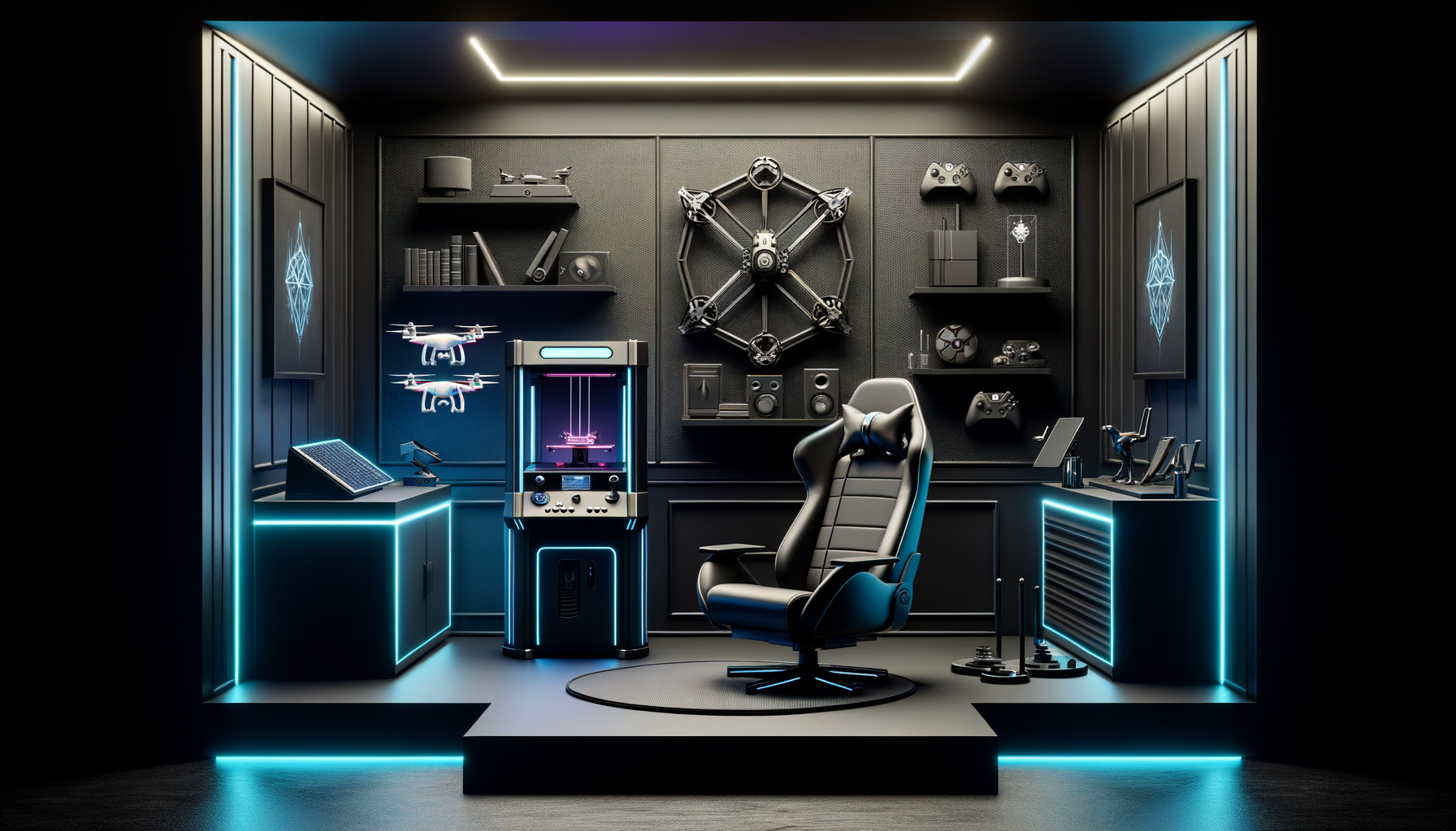 sleek game room with 3d printer drone arcade cabinet and gaming chair