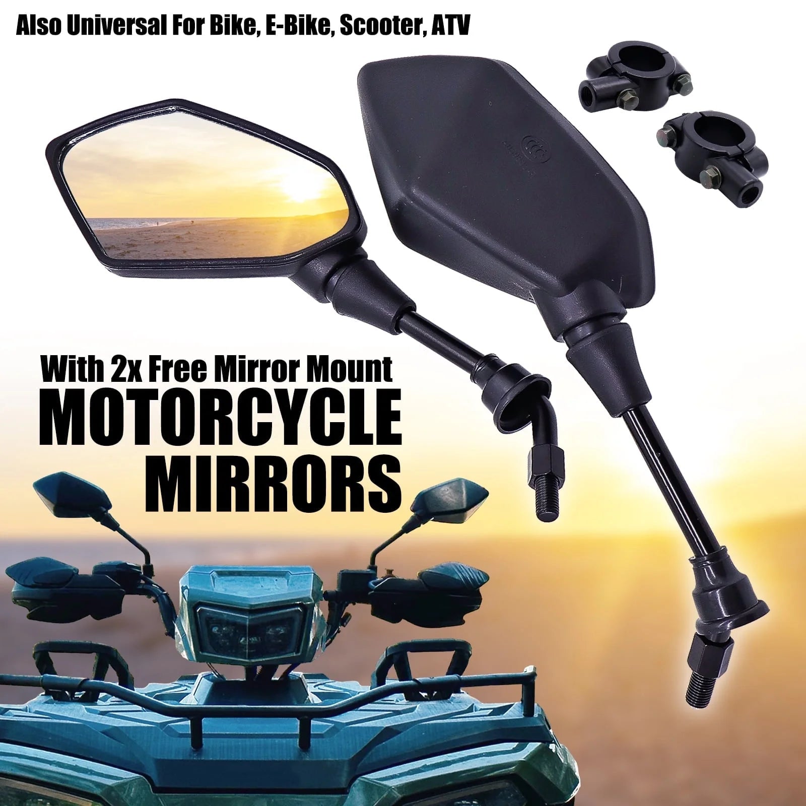 2X Motorcycle Rear View Side Mirrors with 2X Free 7/8" Handle Bar Mount for ATV Bike