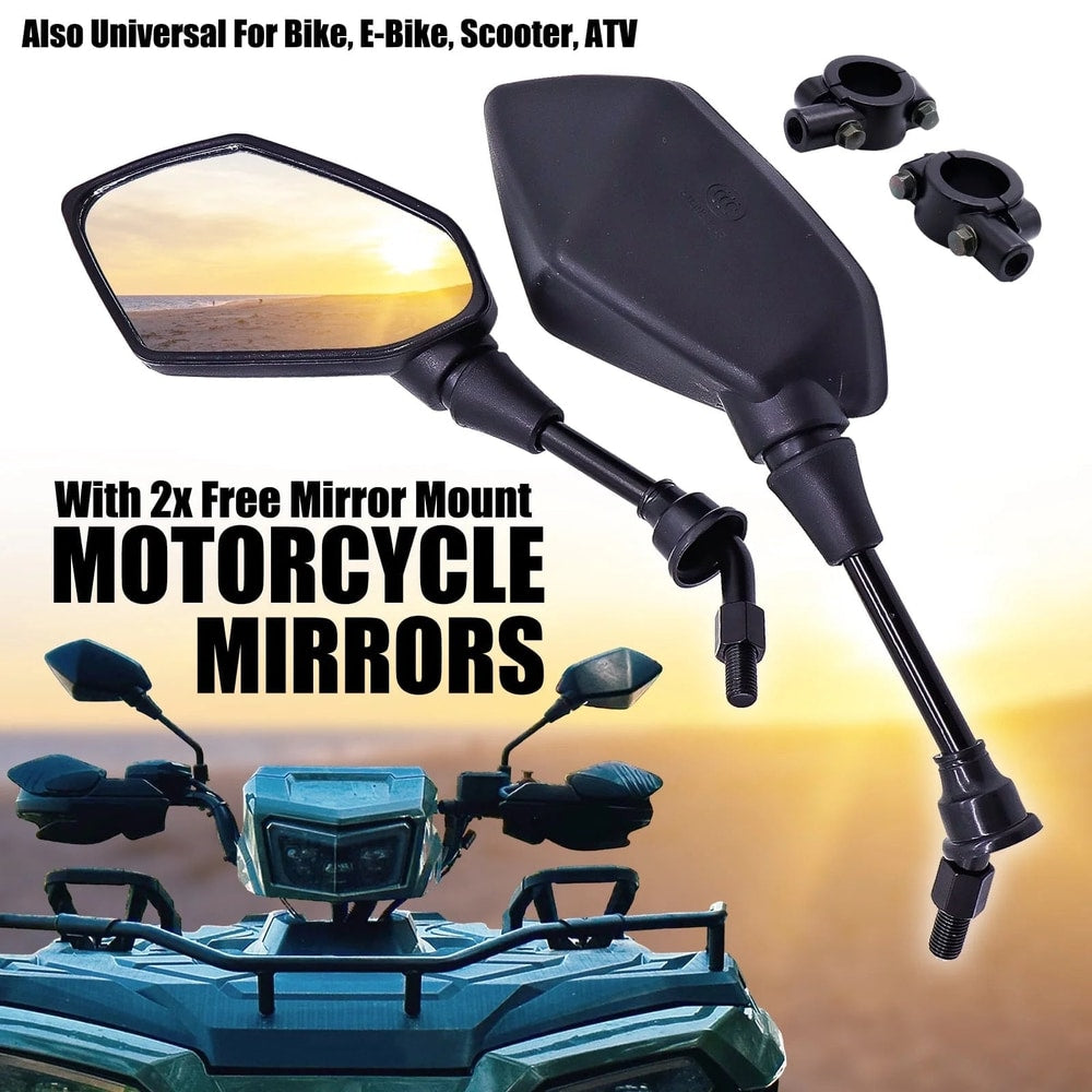 2X Motorcycle Rear View Side Mirrors with 2X Free 7/8" Handle Bar Mount for ATV Bike