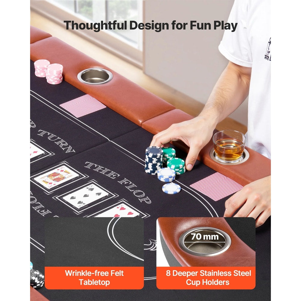 Foldable Poker Table, 8 Player 72 in Folding Casino Leisure Table with Padded Rails and Cup Holders, Oval Portable Game Tables with Felt & Metal Legs, for Texas Holdeem Game and Blackjack