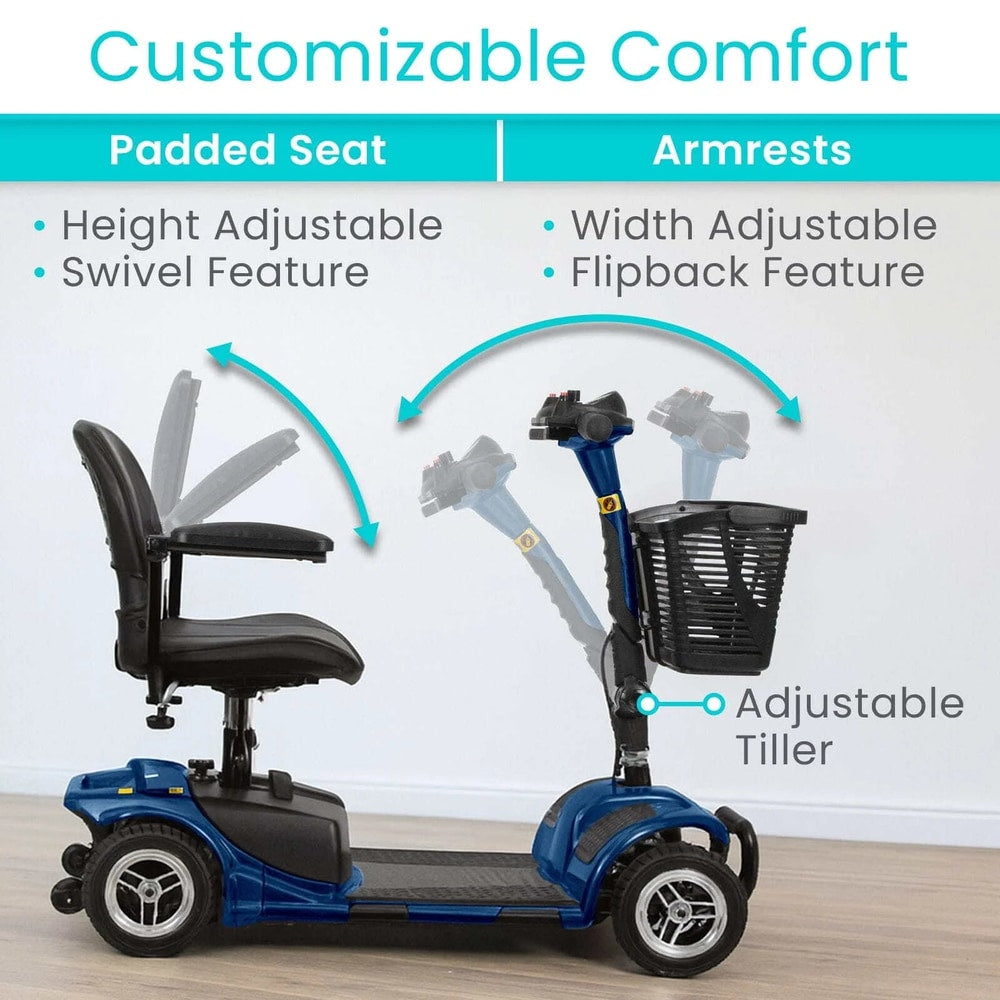 4 Wheel Battery Powered Mobility Scooter - Electric Transport Chair- Compact Heavy Duty Mobile for Travel, Adults, Elderly with Basket and Charger Included, Red