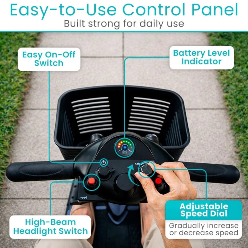 Vive 3-Wheel Mobility Scooter – Lightweight Electric Scooter for Seniors & Adults, Compact Folding Travel Design with Extended Battery, Charger & Basket, Red