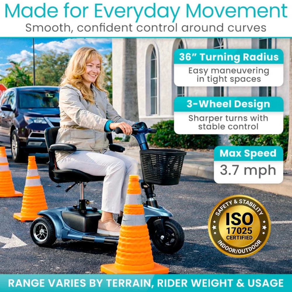 Vive 3-Wheel Mobility Scooter – Lightweight Electric Scooter for Seniors & Adults, Compact Folding Travel Design with Extended Battery, Charger & Basket, Red