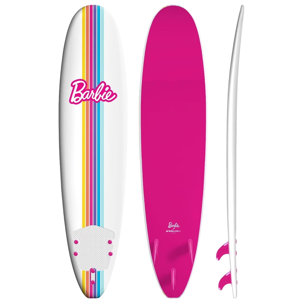 Barbie Signature Tabla De Surf De 8 Ft De / Tabla De Surf De Espuma Suave Para Niños Y Adultos / Cubierta Superior Con Gráfico Y Fondo Liso De Alta Densidad / Color Blanco Y Rosa / Correa Para La Pierna Y Juego De Aletas Incluidos