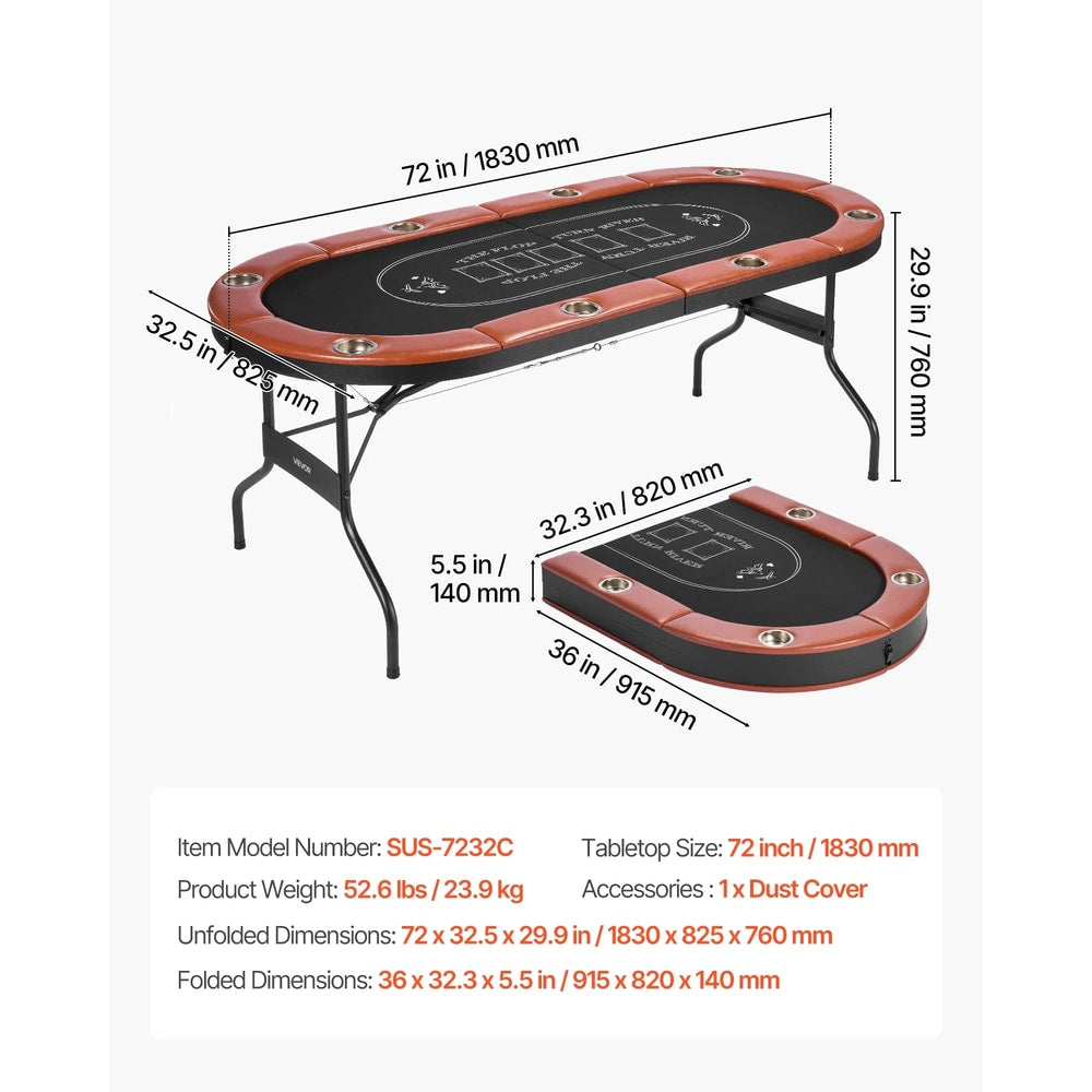 Foldable Poker Table, 8 Player 72 in Folding Casino Leisure Table with Padded Rails and Cup Holders, Oval Portable Game Tables with Felt & Metal Legs, for Texas Holdeem Game and Blackjack