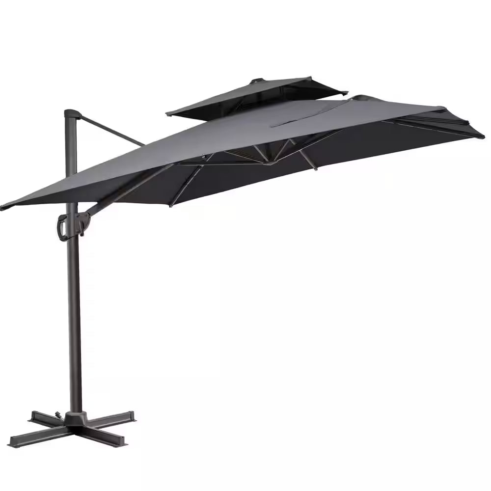 11 Ft. X 9 Ft. Cantilever Patio Umbrella with Cross Stand Tiltable Double Top Outdoor Shade Umbrella in Dark Gray