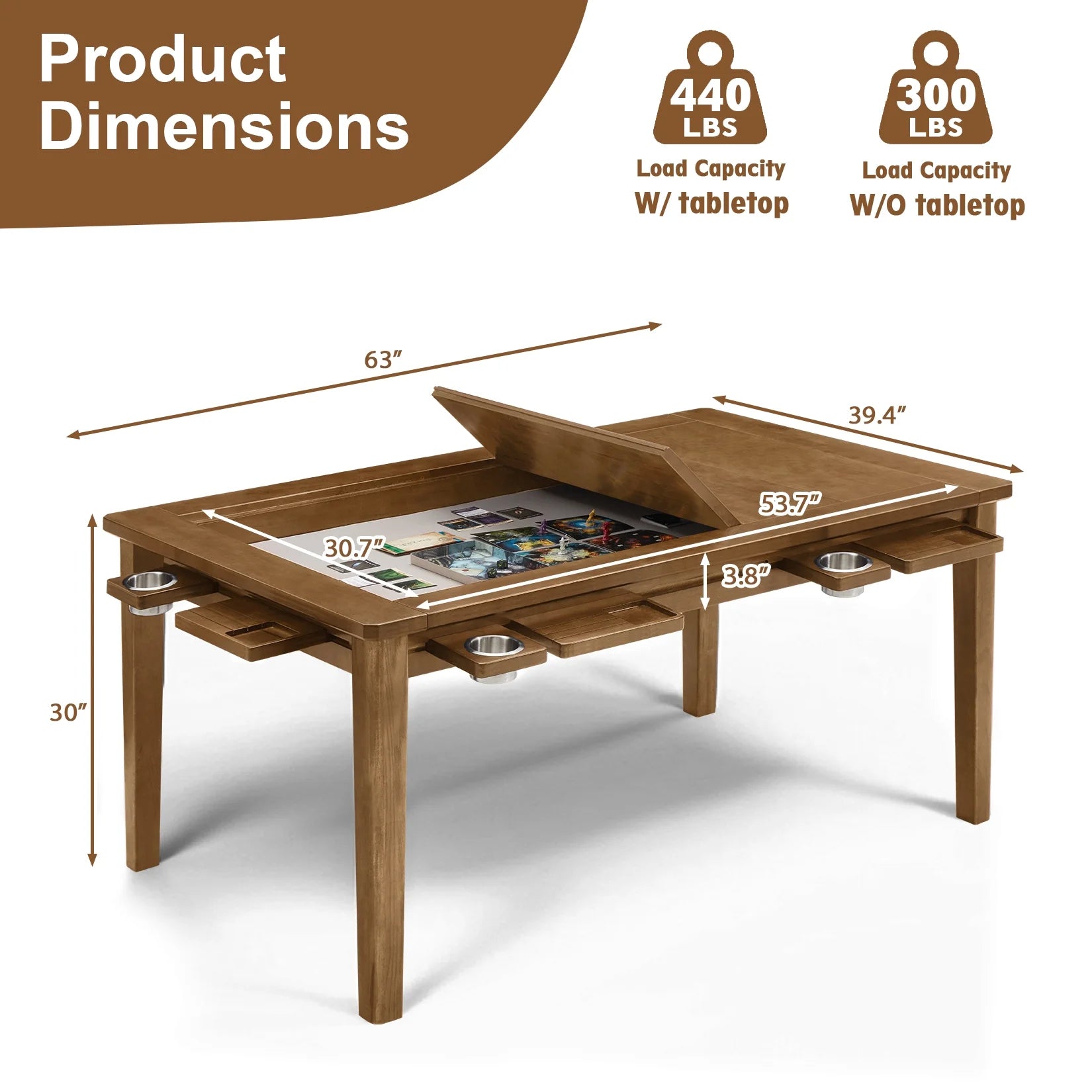 Solid Wood Board Game Table for 4–6 with Removable Top, 54" X 31" Gaming Surface, Game Mat, 6 Cup Holders & Hobby Tray – Convertible Gaming and Dining Table for D&D , Card Game and Puzzle