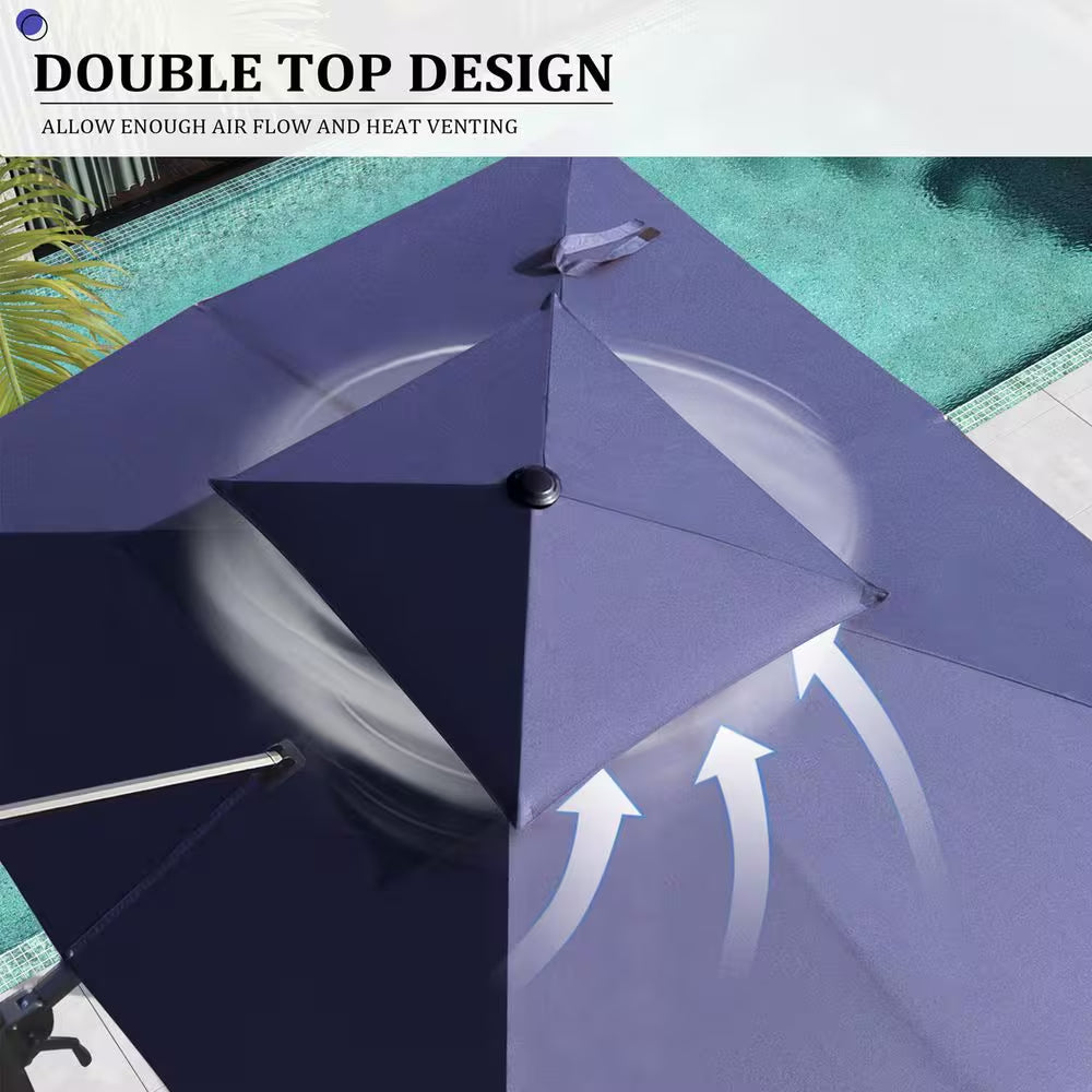 11.5 Ft. X 9 Ft. Aluminum Cantilever Offset 360° Rotation Patio Umbrella in Navy Blue with 350 Lbs. Weighted Base