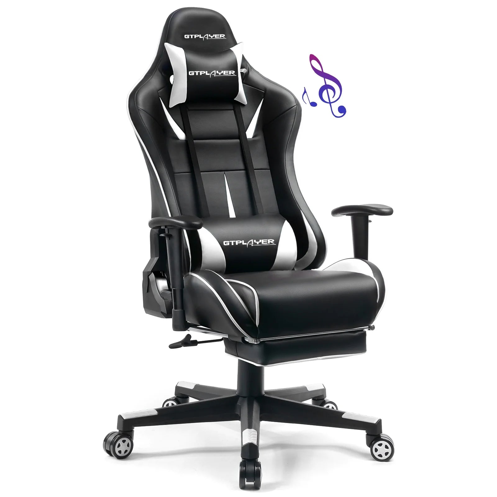 GTRACING Music Gaming Chair with Footrest Ergonomic Reclining PU Leather Office Chair, White