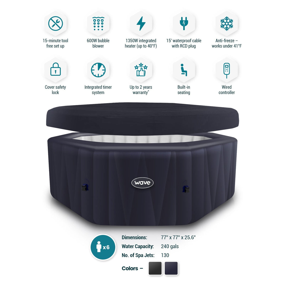 Aegean 6-Person Octagon Inflatable Hot Tub | Integrated 1800W Heater, 130 Bubble Jets, 104°F Max