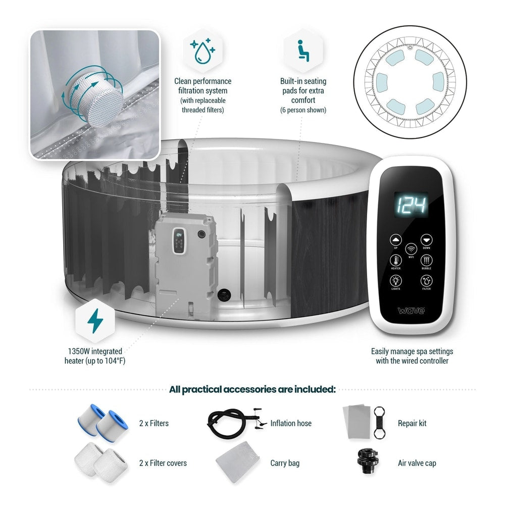 Wave Atlantic 4/6-Person Inflatable Hot Tub | Built-In 1800W Heater, Up to 130 Bubble Jets, 104°F Max