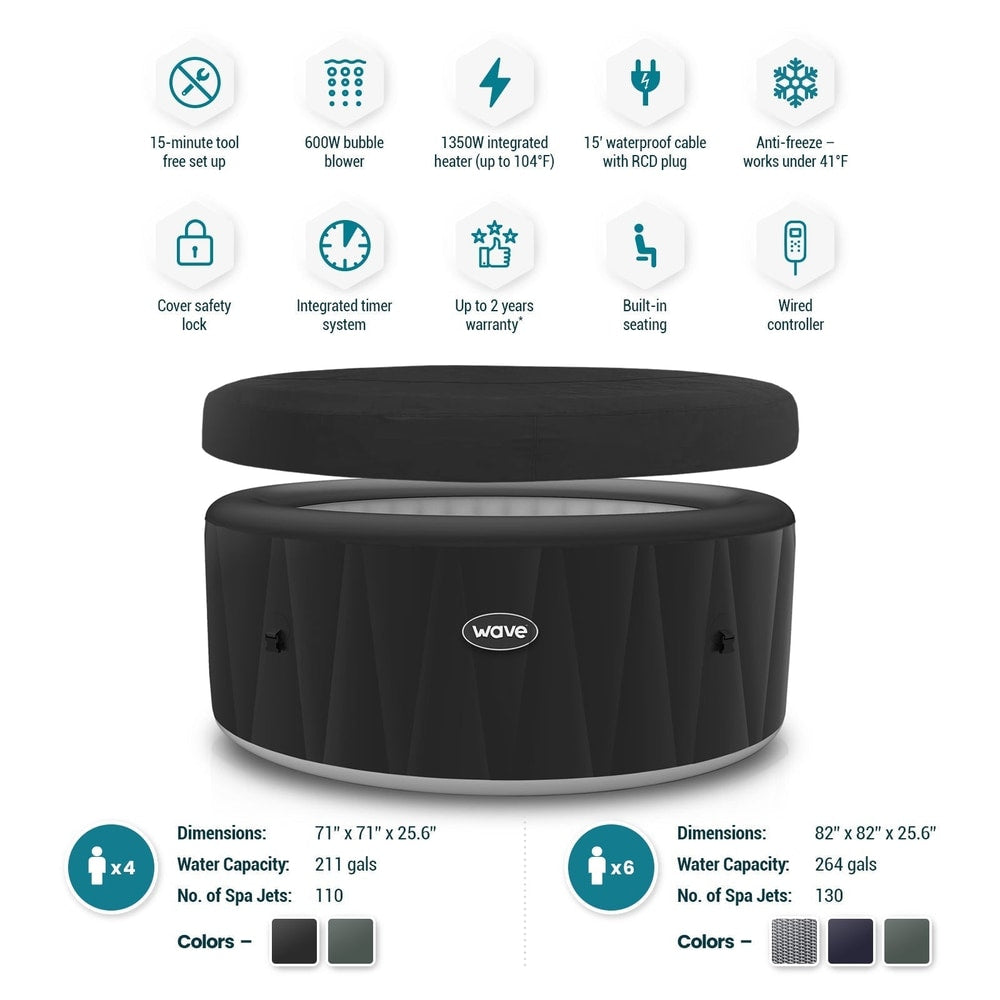 Wave Atlantic 4/6-Person Inflatable Hot Tub | Built-In 1800W Heater, Up to 130 Bubble Jets, 104°F Max