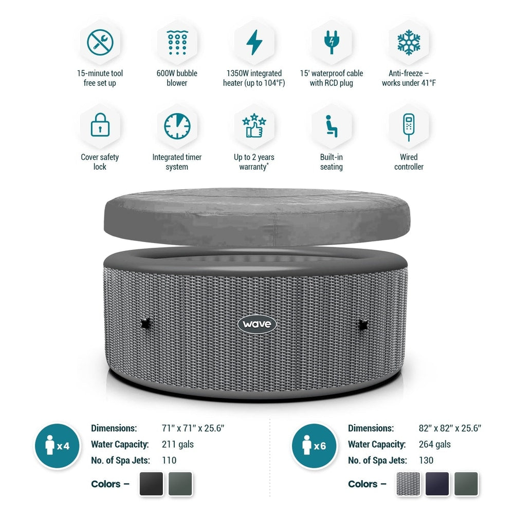 Wave Atlantic 4/6-Person Inflatable Hot Tub | Built-In 1800W Heater, Up to 130 Bubble Jets, 104°F Max