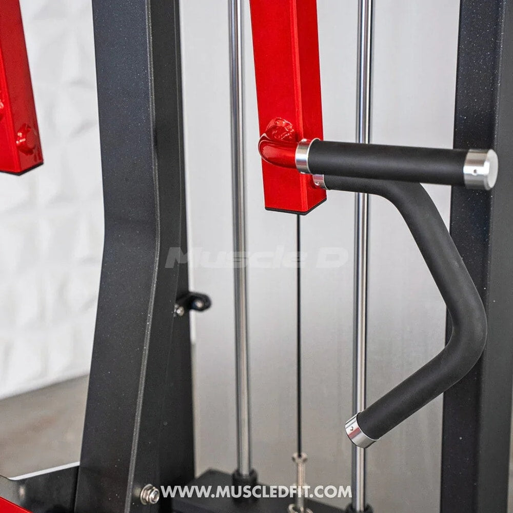 Close-up of a seated row gym machine handle with red and black metal bars.