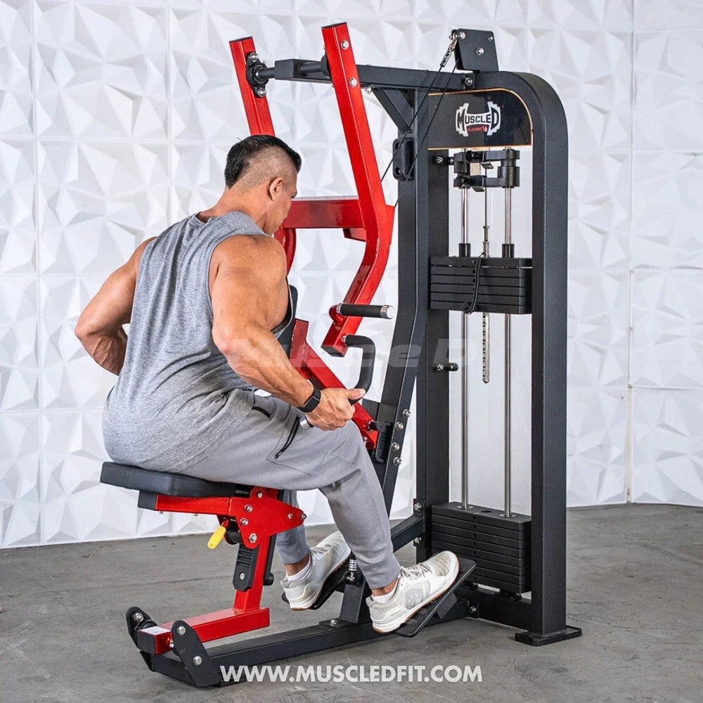 Man using seated row machine for back workout in gym setting