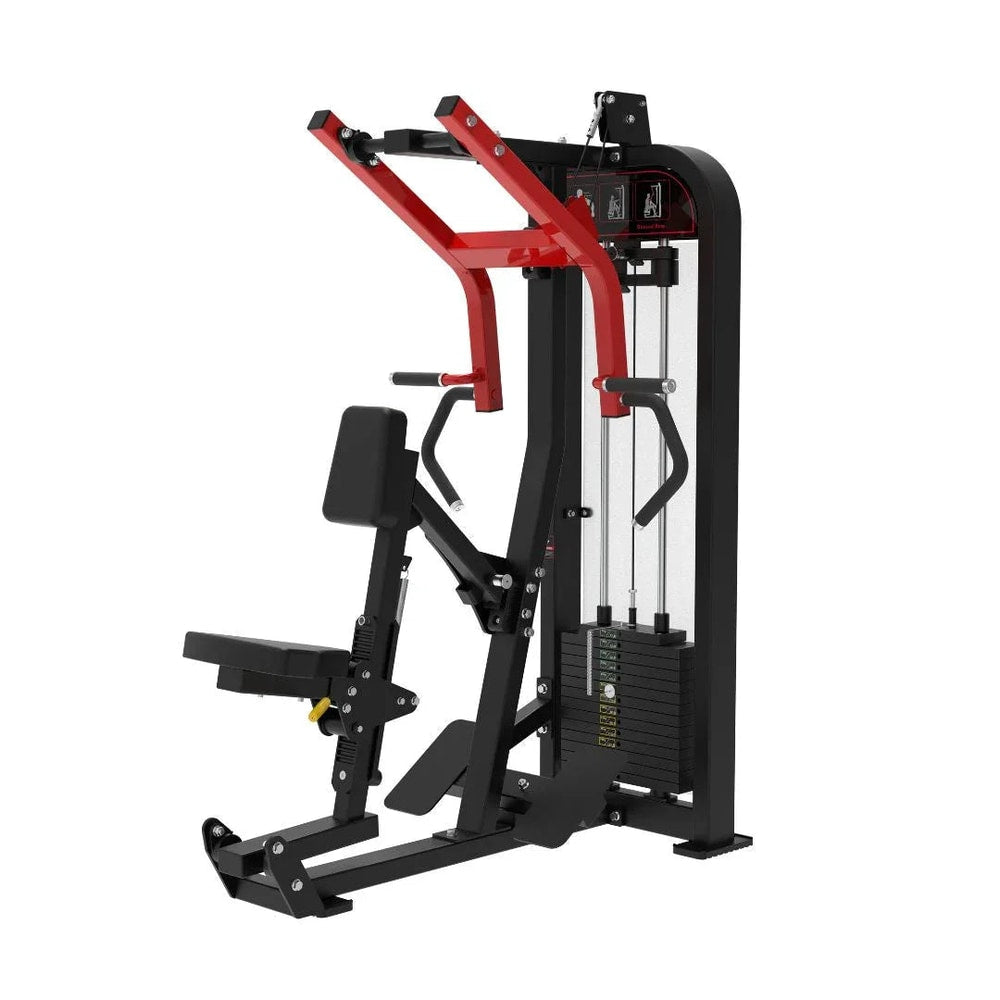 Commercial seated row machine with adjustable seat and red dual handles for strength training
