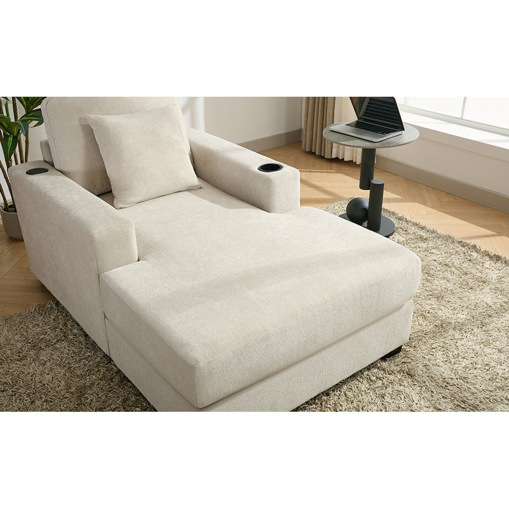 39.7" Oversized Chaise Lounger Modern Style Sofa Couch ,with Pillows, Charge Station & Cup Holders, Chenille Fabric, Cream