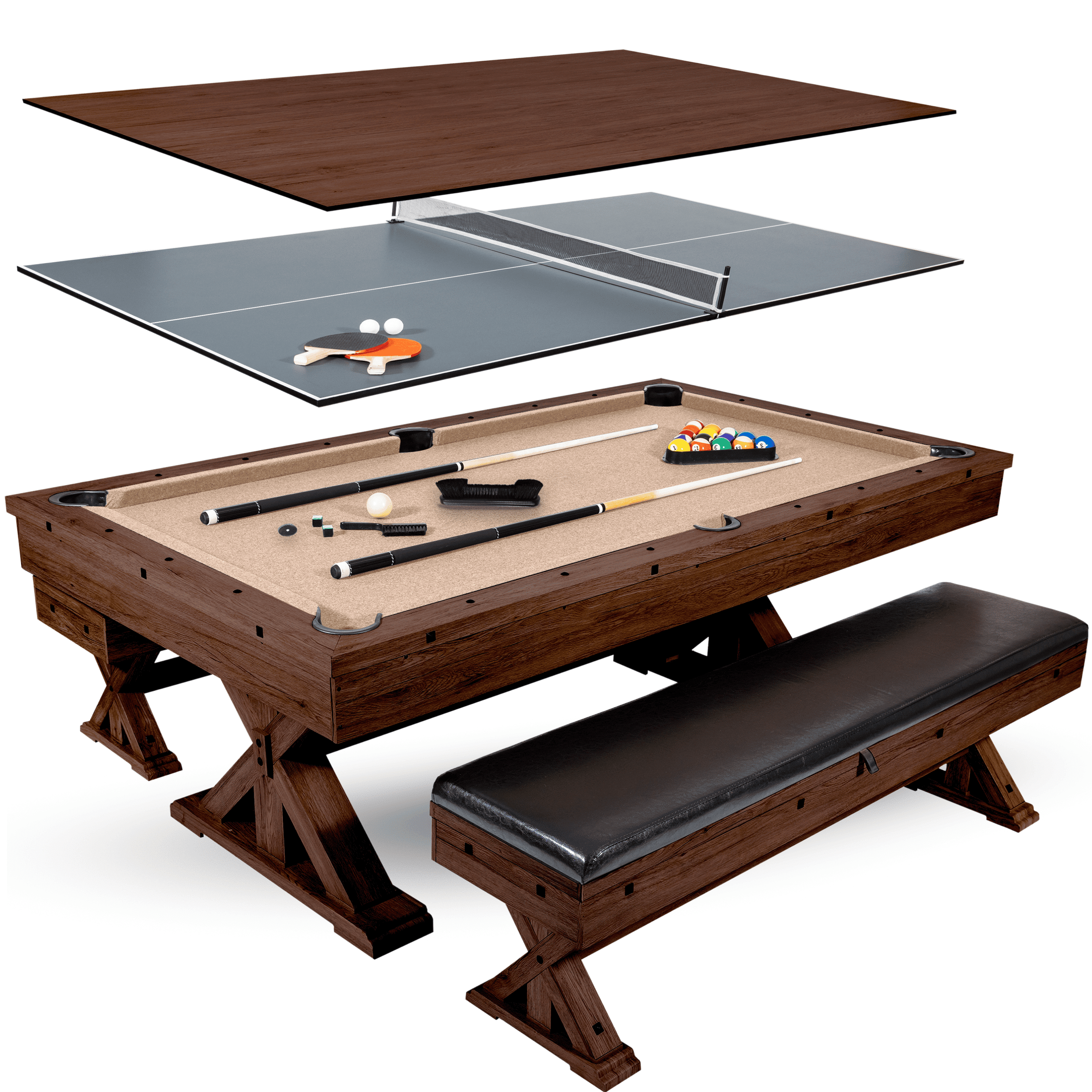 7 Ft 3 in 1 Multi Game Table, Dining Top Pool and Ping Pong Table Combo with Benches