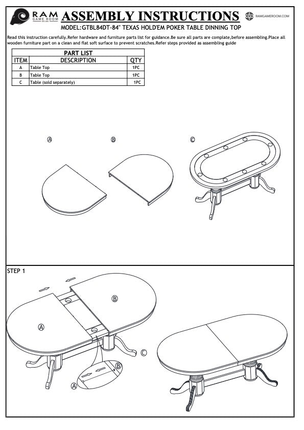 RAM Game Room Dining Top for 84” Texas Hold’em Game Table