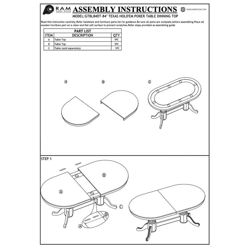 RAM Game Room Dining Top for 84” Texas Hold’em Game Table