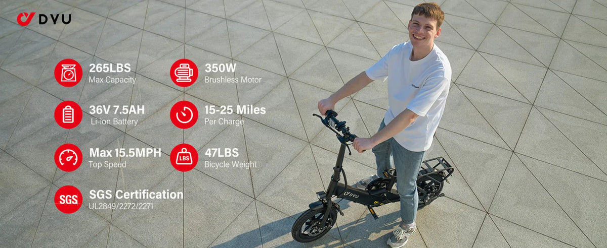 DYU C3 Folding Electric Bike | 14" Wheels, 36V Brushless Motor, Aluminum Frame, CE Certified