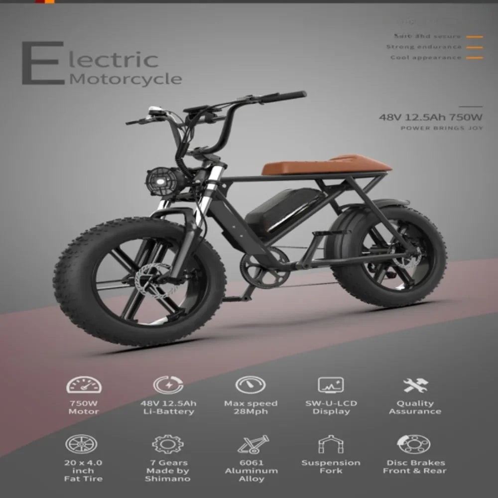 48V 750W Fat Tire Electric Bike | Removable 12.5Ah Battery, 20" x 4.0 Tires, Aluminum Frame