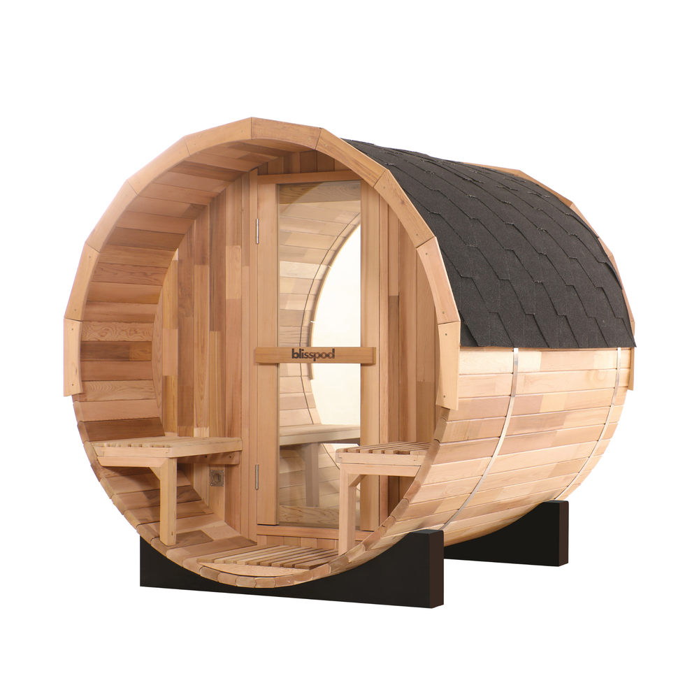 Blisspod Prague Outdoor Barrel Sauna with Porch, Canadian Red Cedar | 2-4 or 4-6 Person, Full Glass Back