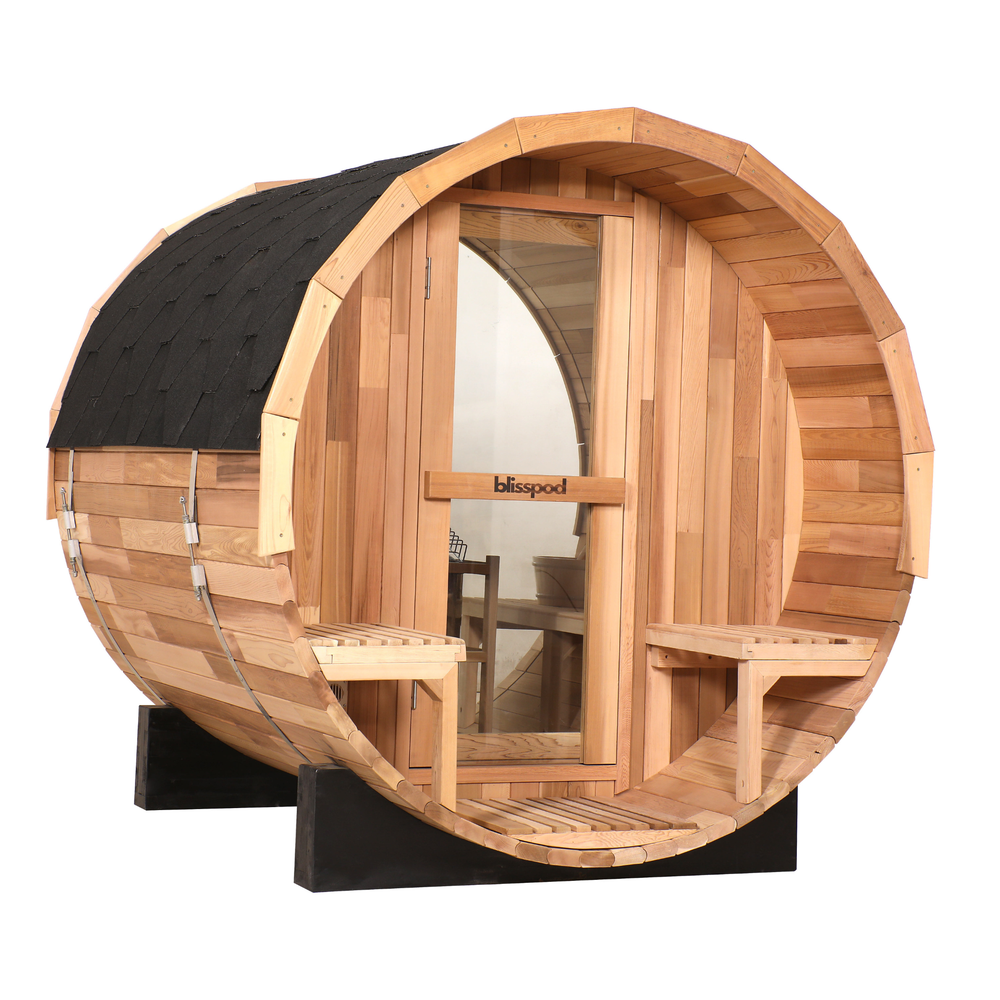Blisspod Prague Outdoor Barrel Sauna with Porch, Canadian Red Cedar | 2-4 or 4-6 Person, Full Glass Back