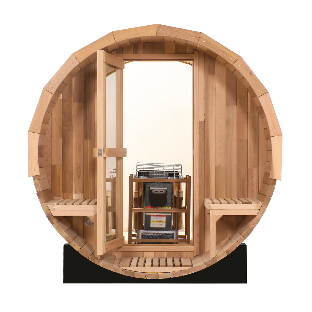 Blisspod Prague Outdoor Barrel Sauna with Porch, Canadian Red Cedar | 2-4 or 4-6 Person, Full Glass Back