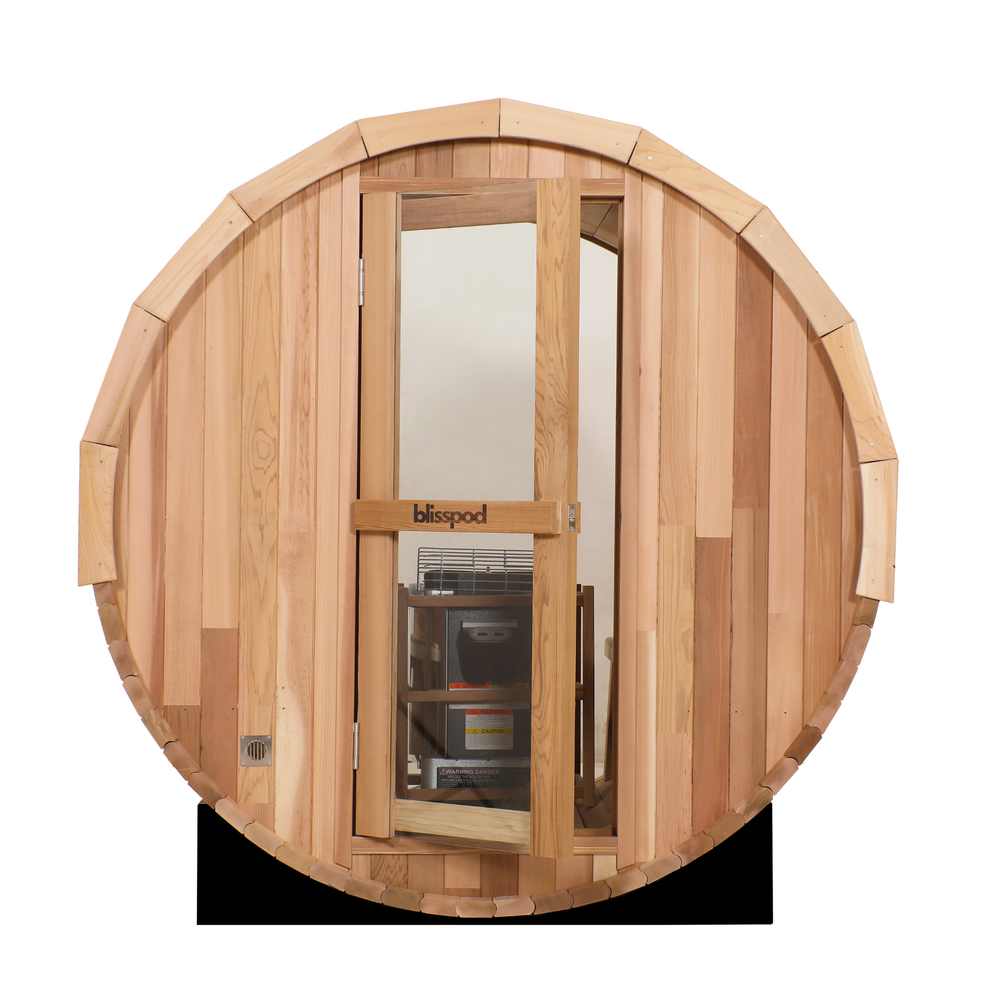 Blisspod Prague Outdoor Barrel Sauna, Canadian Red Cedar | 4 or 6 Person, Full Glass Back, 6000W Heater