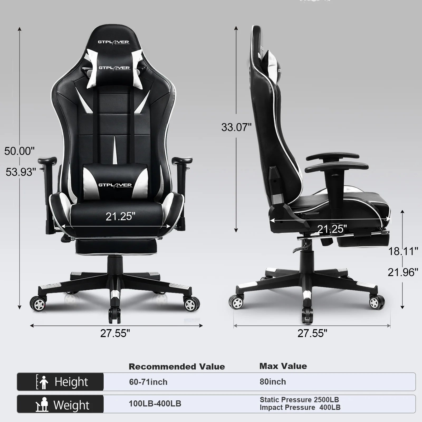 GTRACING Music Gaming Chair with Footrest Ergonomic Reclining PU Leather Office Chair, White