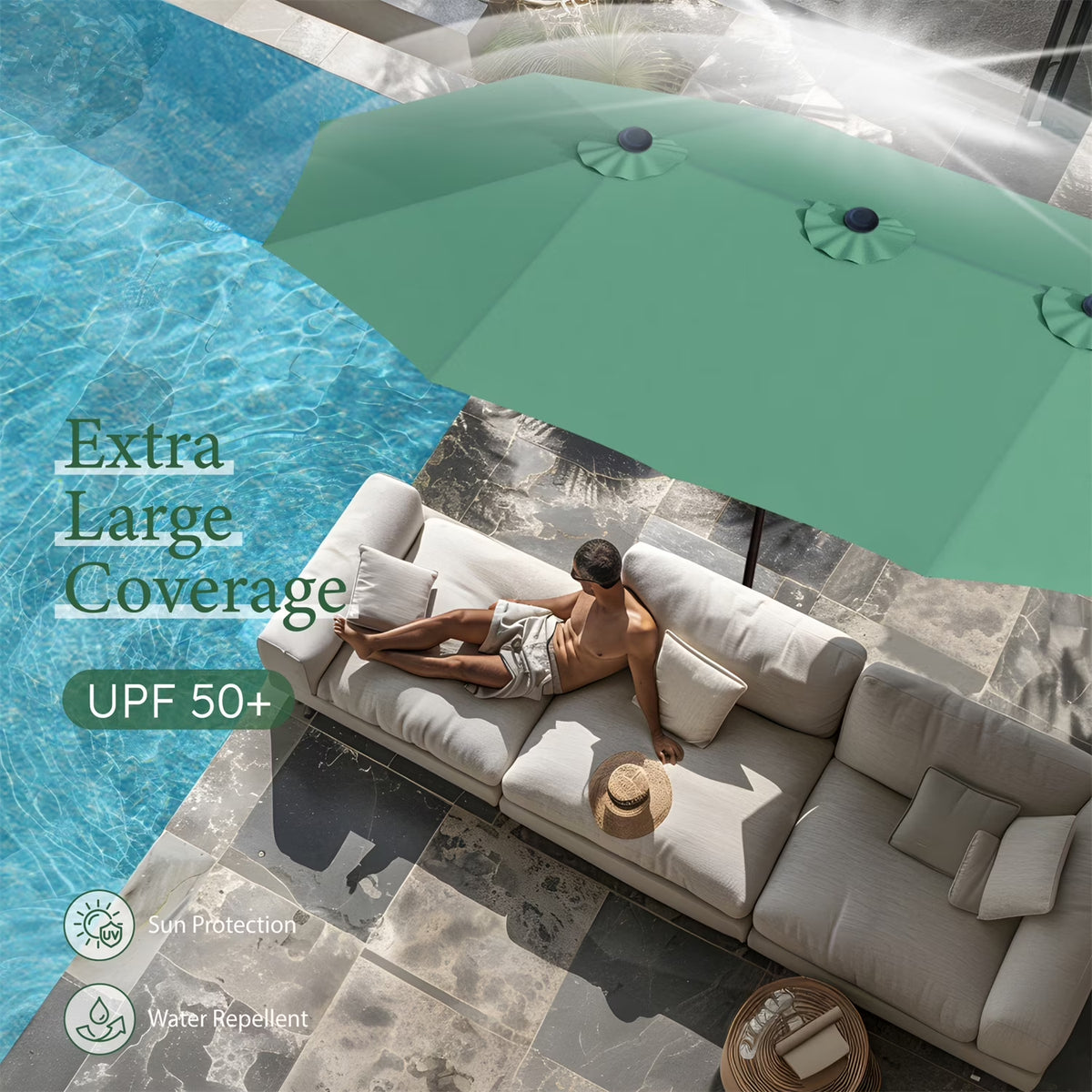 15 Ft Large Patio Umbrella with Base (Included) Double-Sided Rectangular Outdoor Deck Umbrella for outside - Mint Green