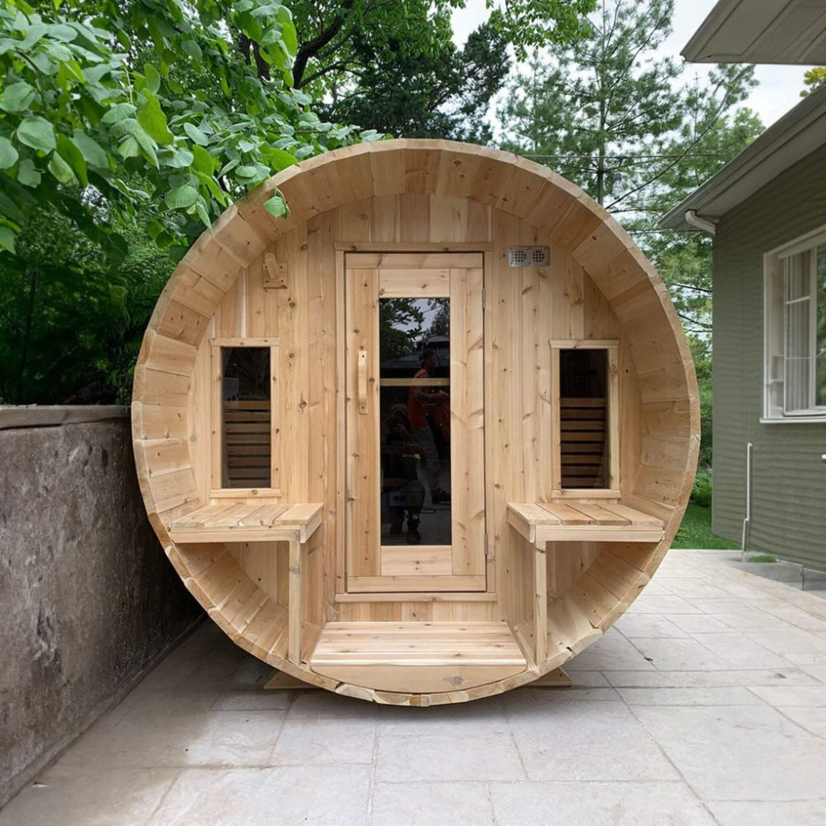 Dundalk Leisurecraft Canadian Timber Tranquility 6-Person Barrel Sauna | Eastern White Cedar, Front Porch
