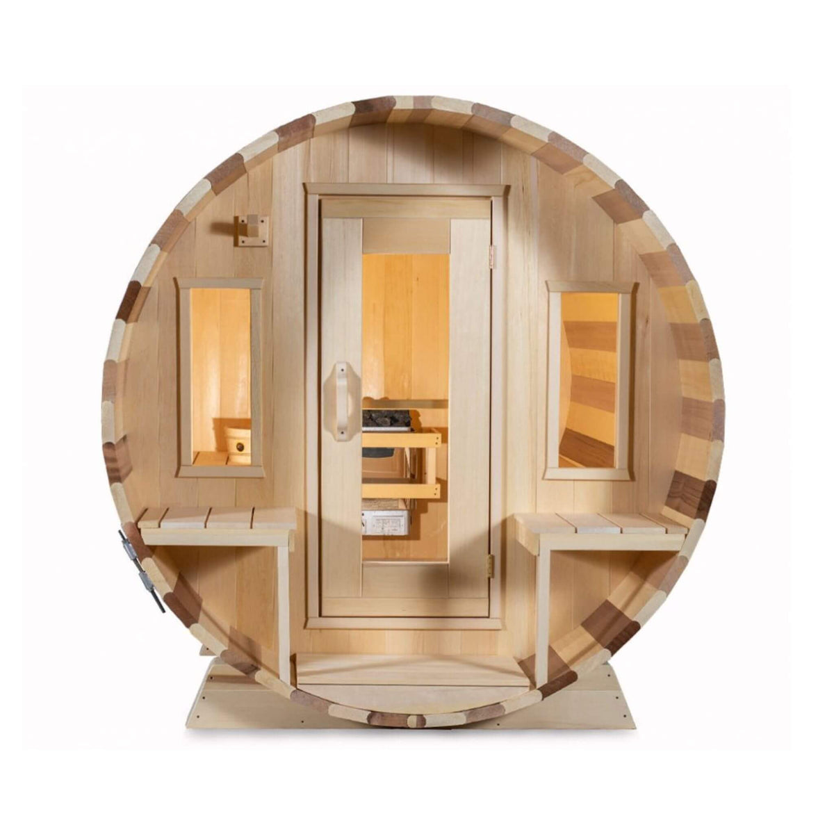Dundalk Leisurecraft Canadian Timber Tranquility 6-Person Barrel Sauna | Eastern White Cedar, Front Porch