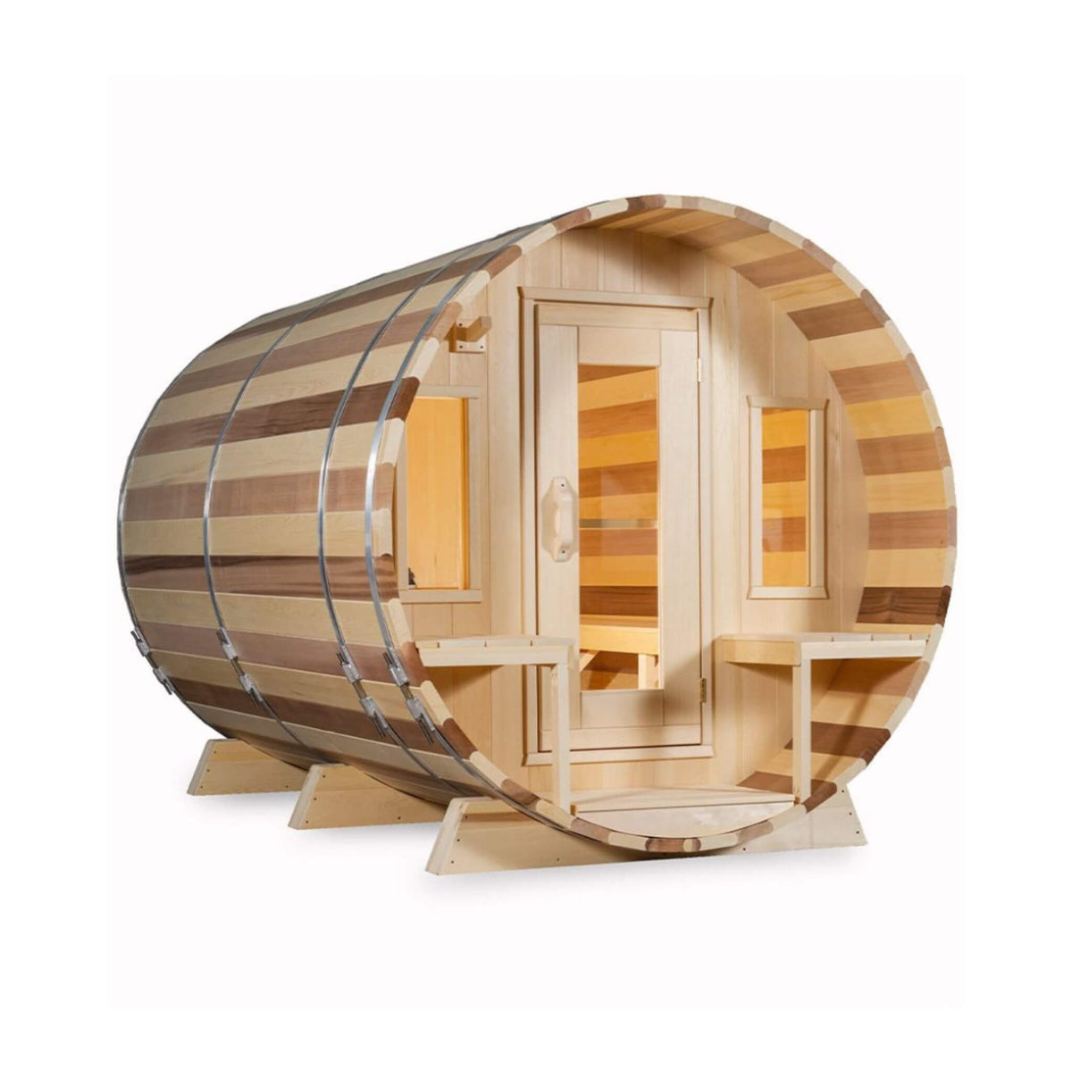 Dundalk Leisurecraft Canadian Timber Tranquility 6-Person Barrel Sauna | Eastern White Cedar, Front Porch