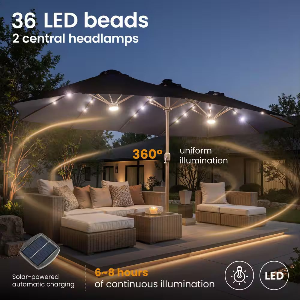 MISO Double Top 14.5 Ft. Steel Cantilever Outdoor Patio Umbrella with Base and Solar LED in Navy Blue