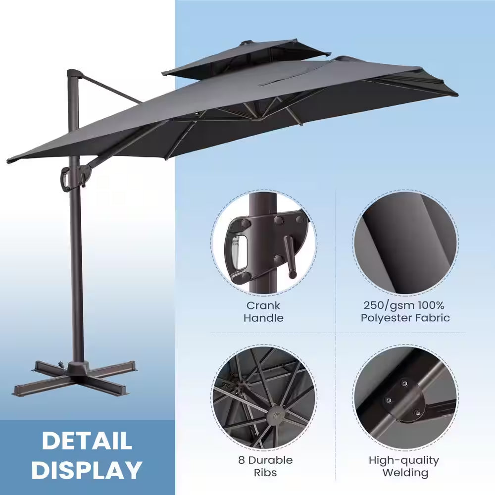 11 Ft. X 9 Ft. Cantilever Patio Umbrella with Cross Stand Tiltable Double Top Outdoor Shade Umbrella in Dark Gray
