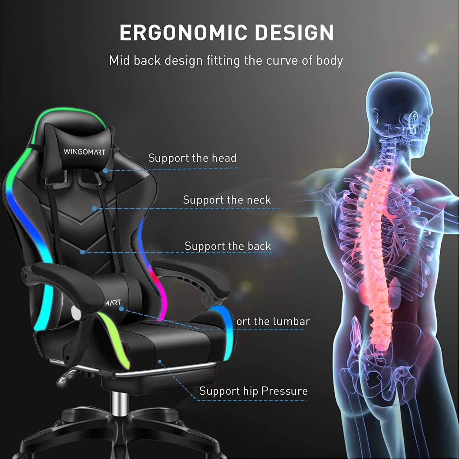 Ergonomic Gaming Chair with Footrest, High Back Faux Leather Gaming Chair with RGB Led Light and Adjustable Armrest Height Adjustable Swivel