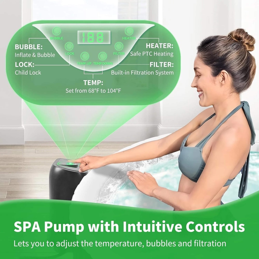 Large 4-Person Inflatable Hot Tub Kit | 8-Color LED Lights, Air Jet Massage, Hard Water Softening