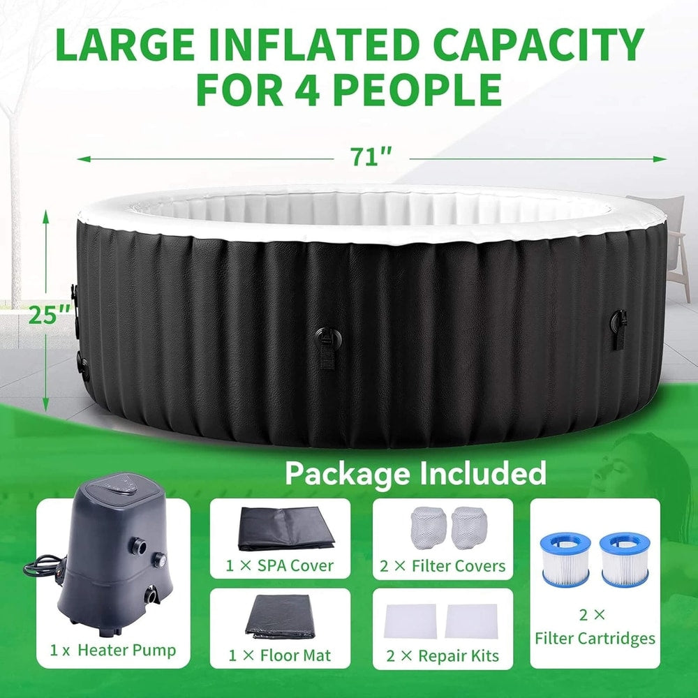 Large 4-Person Inflatable Hot Tub Kit | 8-Color LED Lights, Air Jet Massage, Hard Water Softening