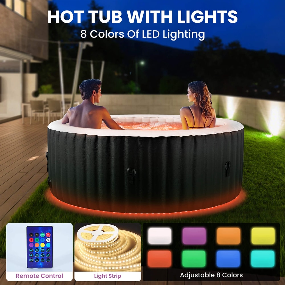 Large 4-Person Inflatable Hot Tub Kit | 8-Color LED Lights, Air Jet Massage, Hard Water Softening