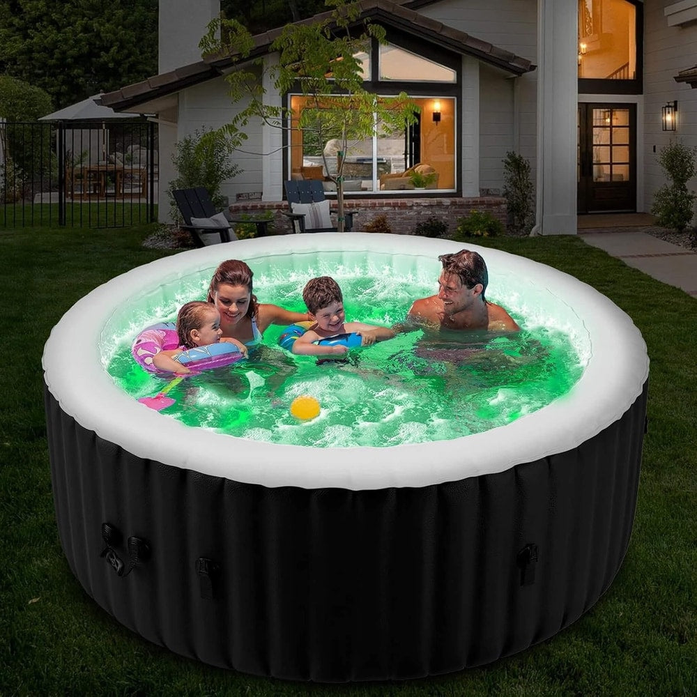 Large 4-Person Inflatable Hot Tub Kit | 8-Color LED Lights, Air Jet Massage, Hard Water Softening