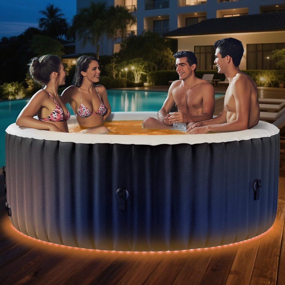 Large 4-Person Inflatable Hot Tub Kit | 8-Color LED Lights, Air Jet Massage, Hard Water Softening