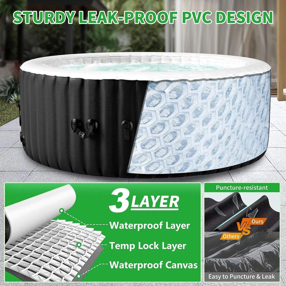 Large 4-Person Inflatable Hot Tub Kit | 8-Color LED Lights, Air Jet Massage, Hard Water Softening