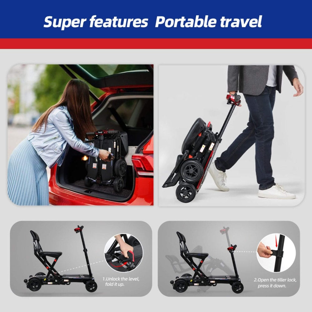 Ultra Lightweight 4-Wheel Folding Mobility Scooter with Remote | 43 lb Frame, 10-Mile Range, 275 lb Capacity