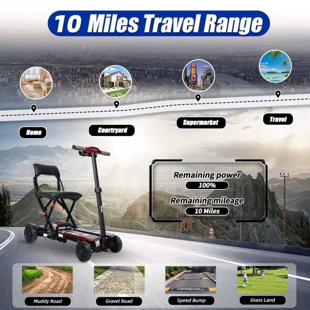 Ultra Lightweight 4-Wheel Folding Mobility Scooter with Remote | 43 lb Frame, 10-Mile Range, 275 lb Capacity
