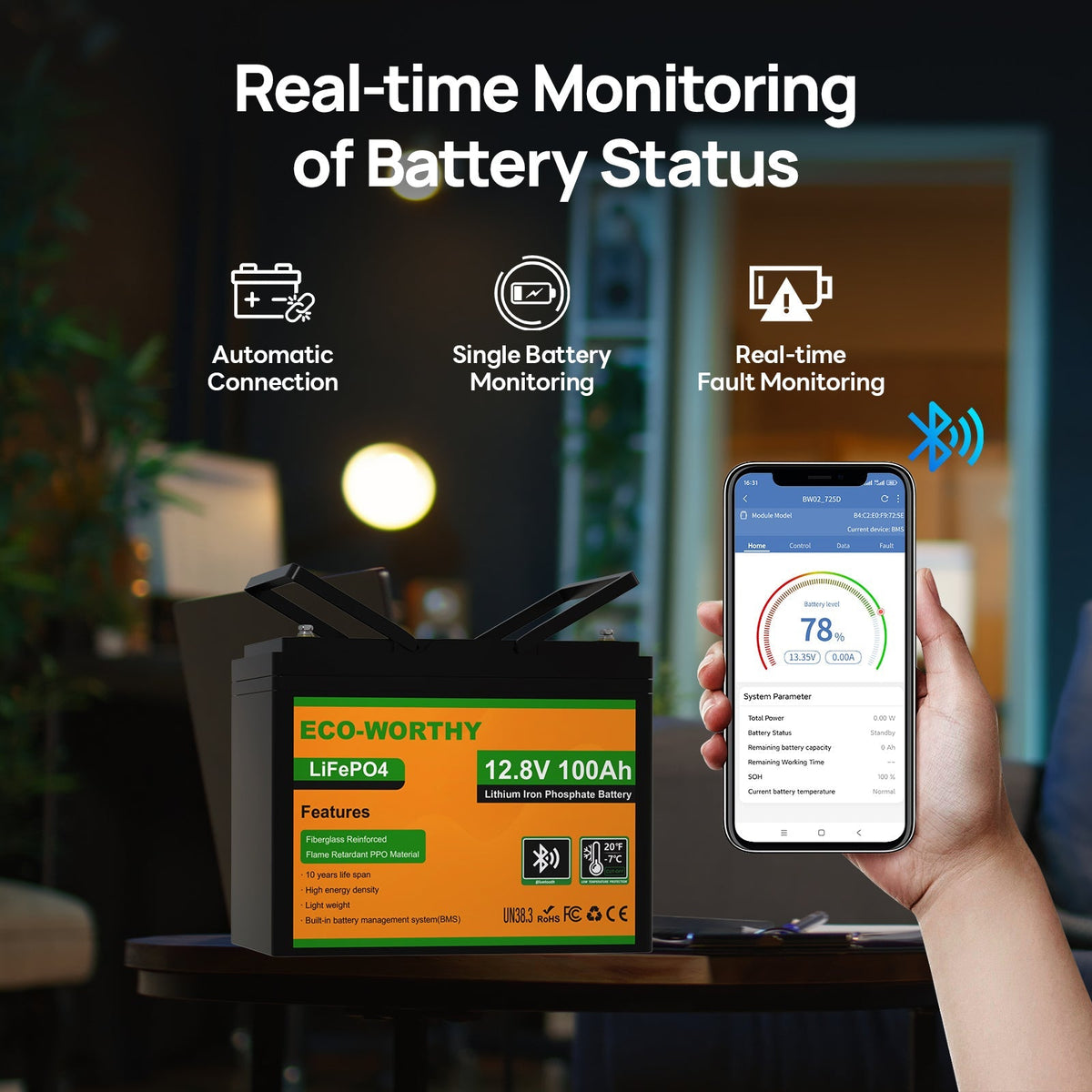 ECO-WORTHY 12V 100Ah LiFePO4 Battery with Bluetooth - view 5