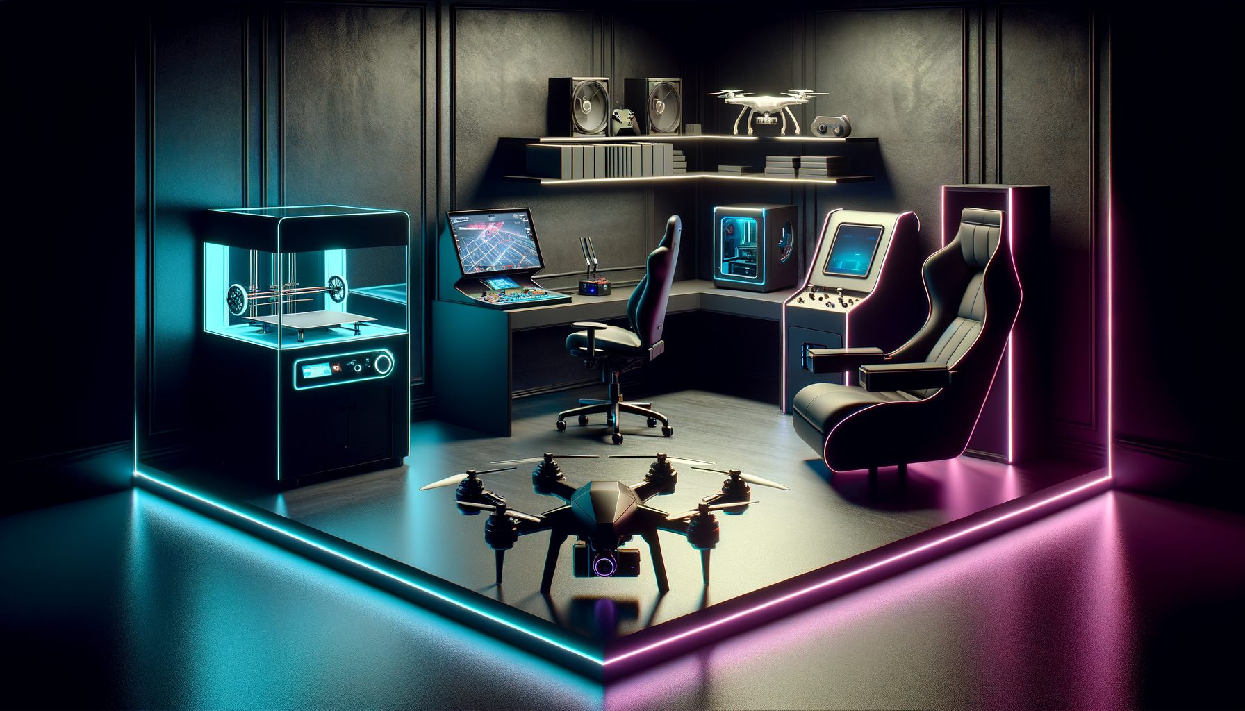 sleek game room with 3d printer, drone, arcade cabinet, gaming chair