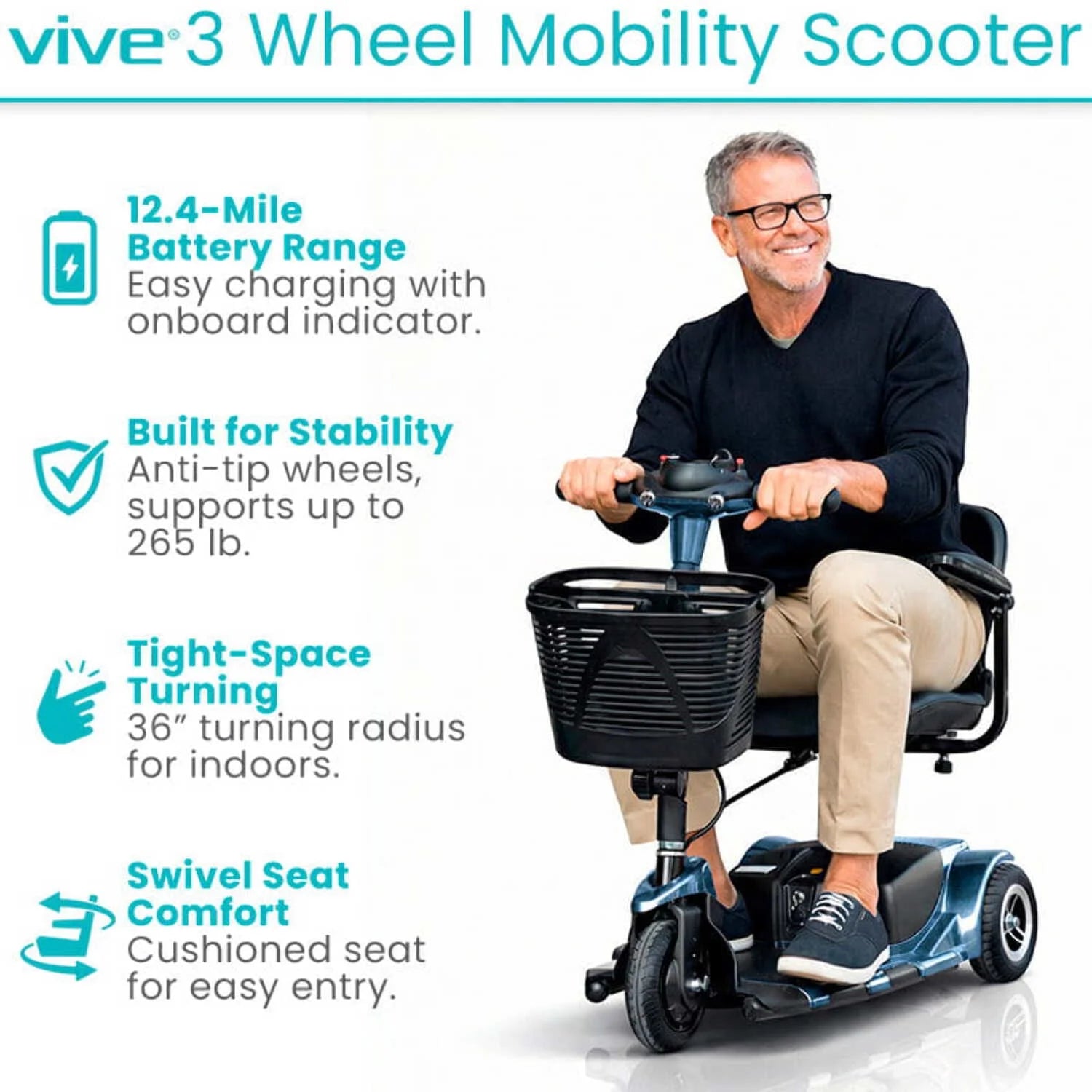 Vive 3-Wheel Mobility Scooter – Lightweight Electric Scooter for Seniors & Adults, Compact Folding Travel Design with Extended Battery, Charger & Basket, Red
